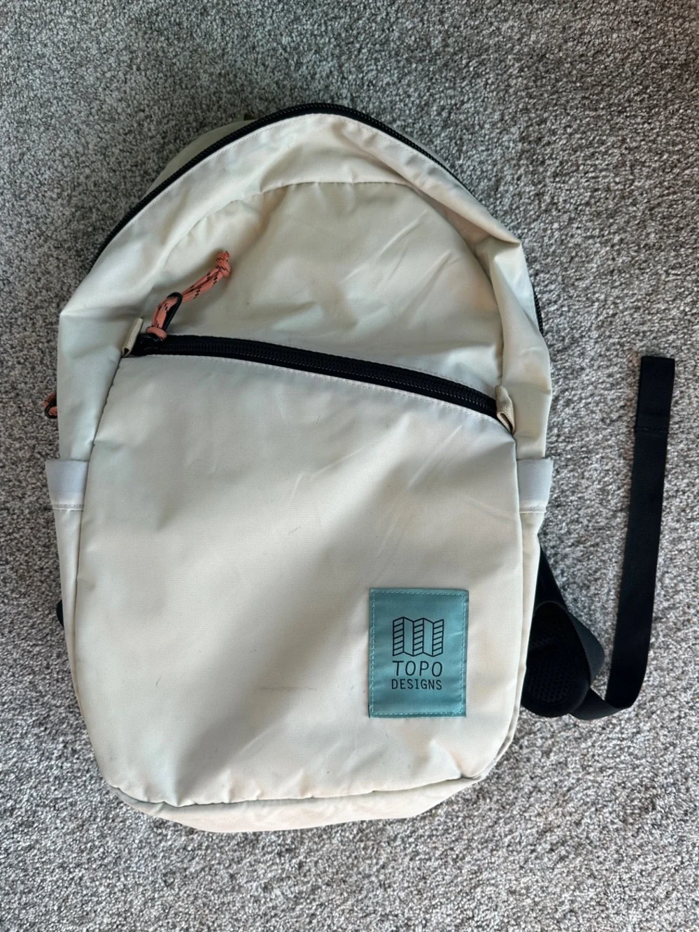 Topo Designs Cream Backpack with Teal Logo Patch
